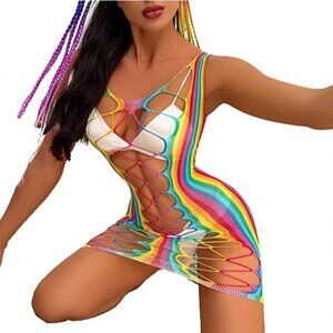 🌈 Rainbow Fishnet Stockings Mesh Lingerie Bodysuit Party Rave Boho Cosplay NWT